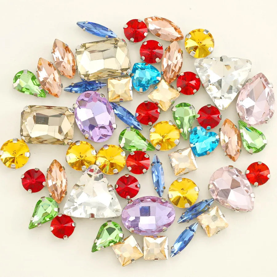Mixed Shape Glass Rhinestones with Silver Claw Settings