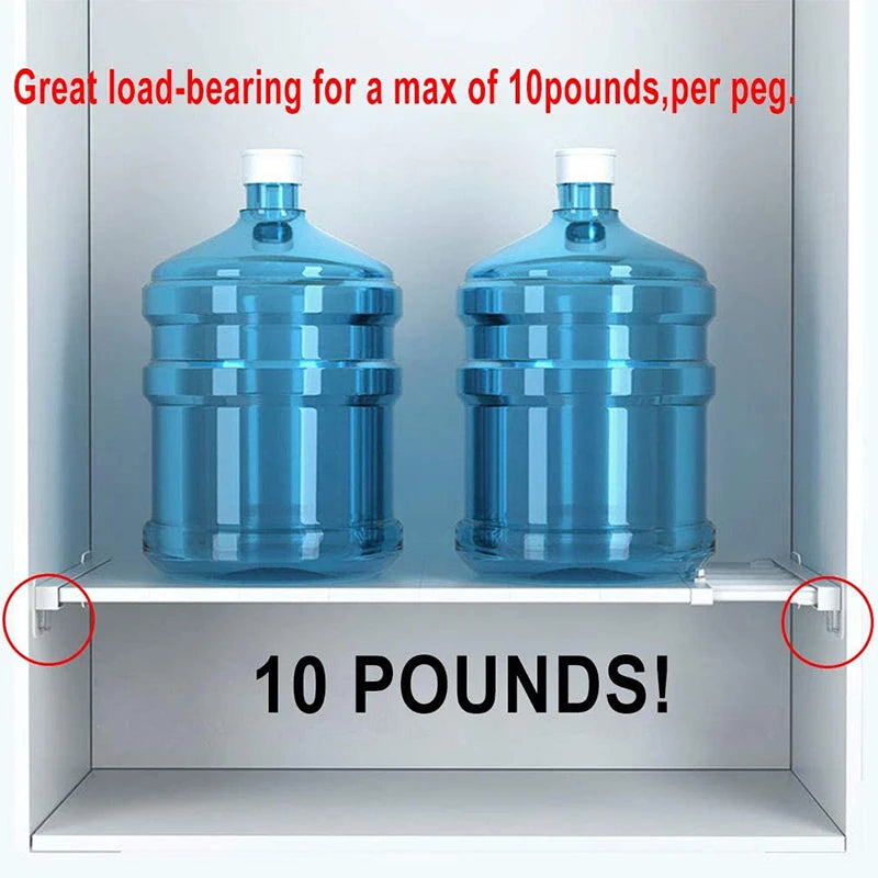 Two clear blue plastic bottles are supported by adhesive shelf pegs inside a compartment.