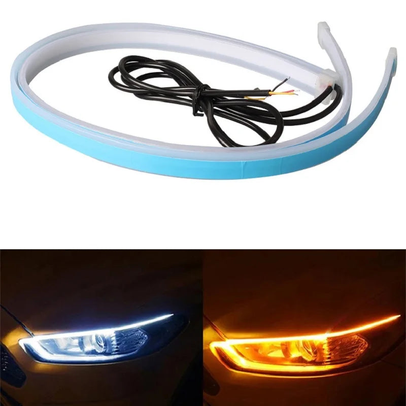 Flexible LED daytime running light strip with sequential turn signal wires and blue housing