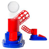 A red and blue kids' T-ball pitching machine set with a bat and balls.