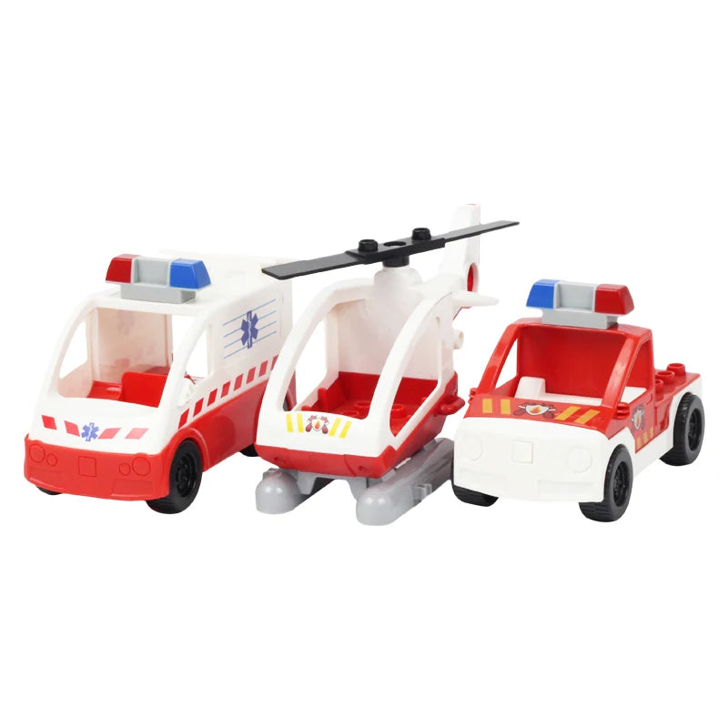 A red and white city rescue vehicle building block set with traffic signs.
