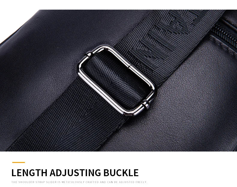 Close-up of a black leather strap adjusting buckle on a men's chest bag.