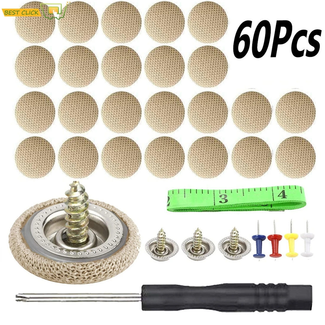 A set of 60 beige foam buttons and various tools for car headliner repair