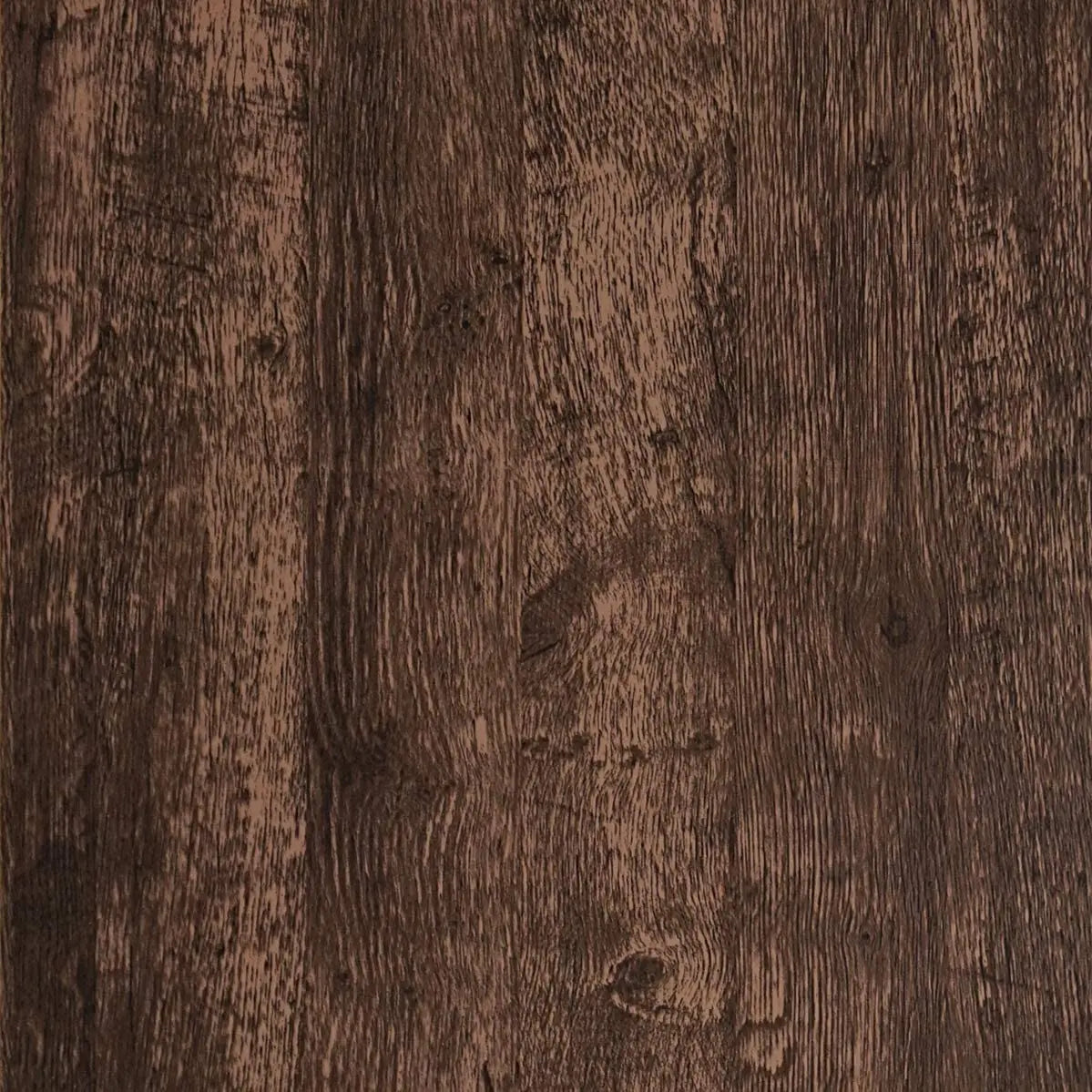 Close-up texture of dark brown rustic wood grain surface.