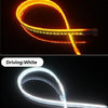 A flexible LED daytime running light strip showing a yellow turn signal and a white driving light.
