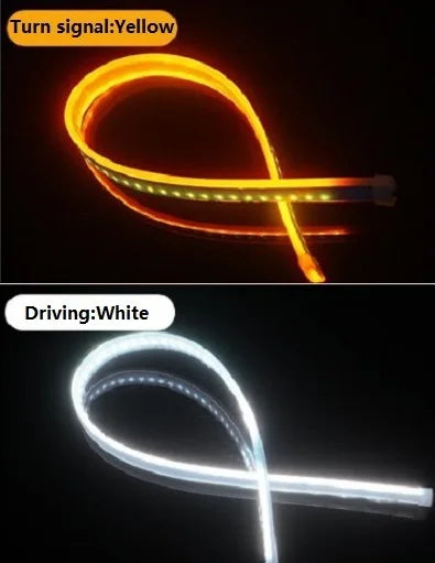 A flexible LED daytime running light strip showing a yellow turn signal and a white driving light.