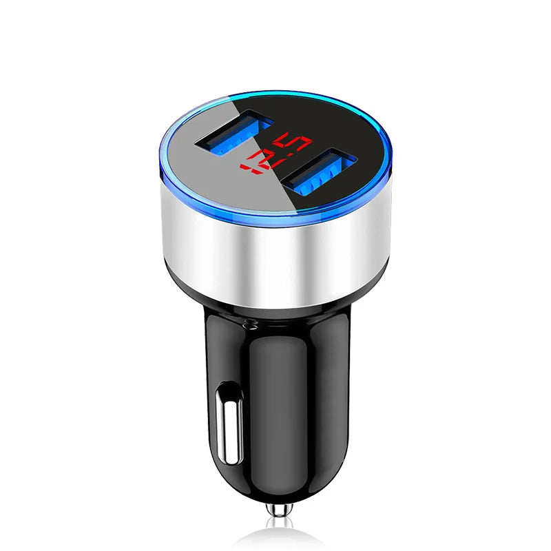 Silver and black dual USB fast car charger with a digital display showing 1.5A output.