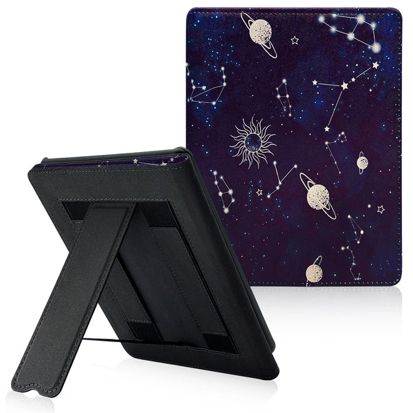 Schwarze Lederhülle für Kindle Paperwhite mit Sternen-Nacht-Design.