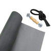 DIY insect screen mesh kit with a rolling tool and spline, shown next to a rolled gray fabric.