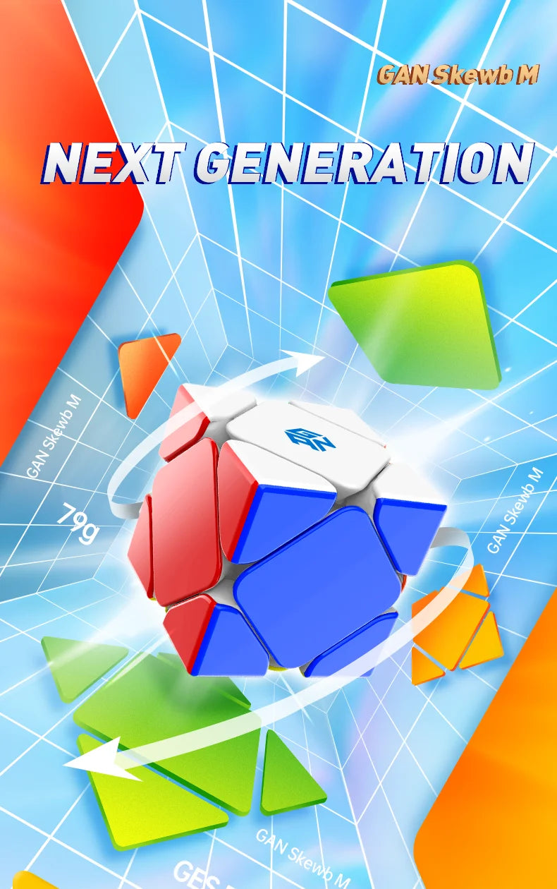 A colorful magnetic speed cube called GAN Skewb M is shown in a dynamic, exploded view against a blue background.