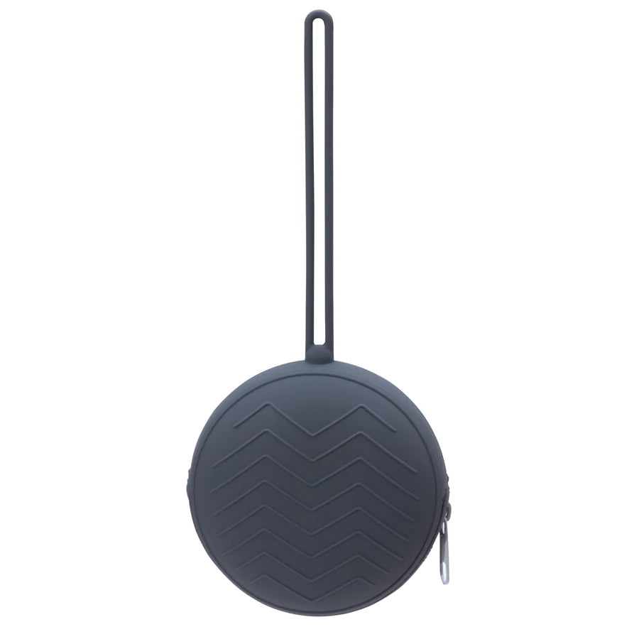 A dark gray food-grade silicone pacifier case with a long loop for attachment.
