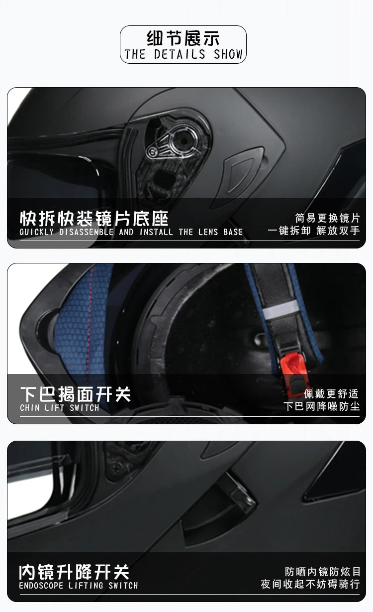 Close-up view of a motorcycle helmet showing details like the lens base, chin lift switch, and endoscope lifting switch.
