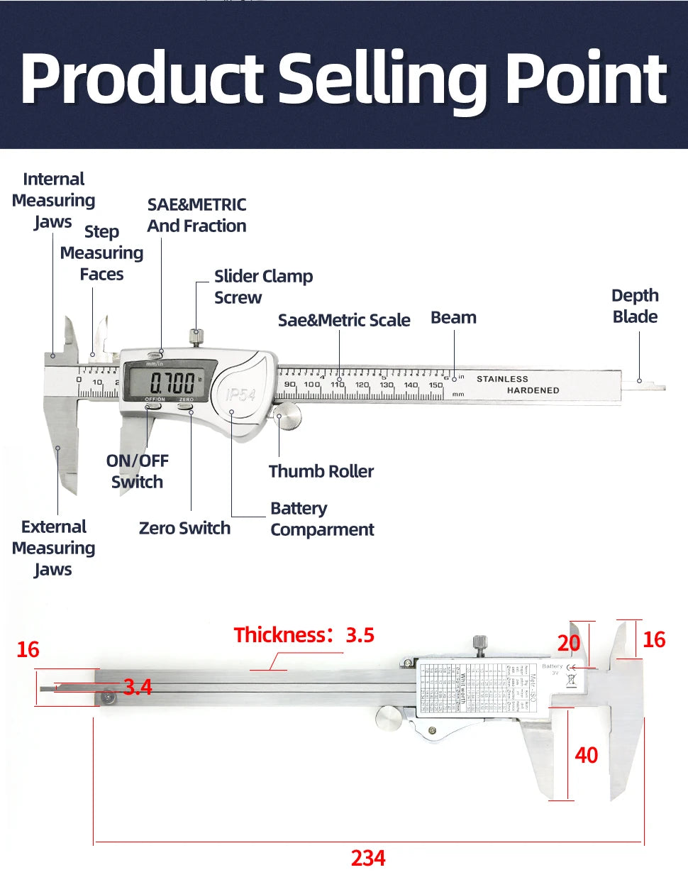 Stainless Steel Digital Caliper with LCD Display