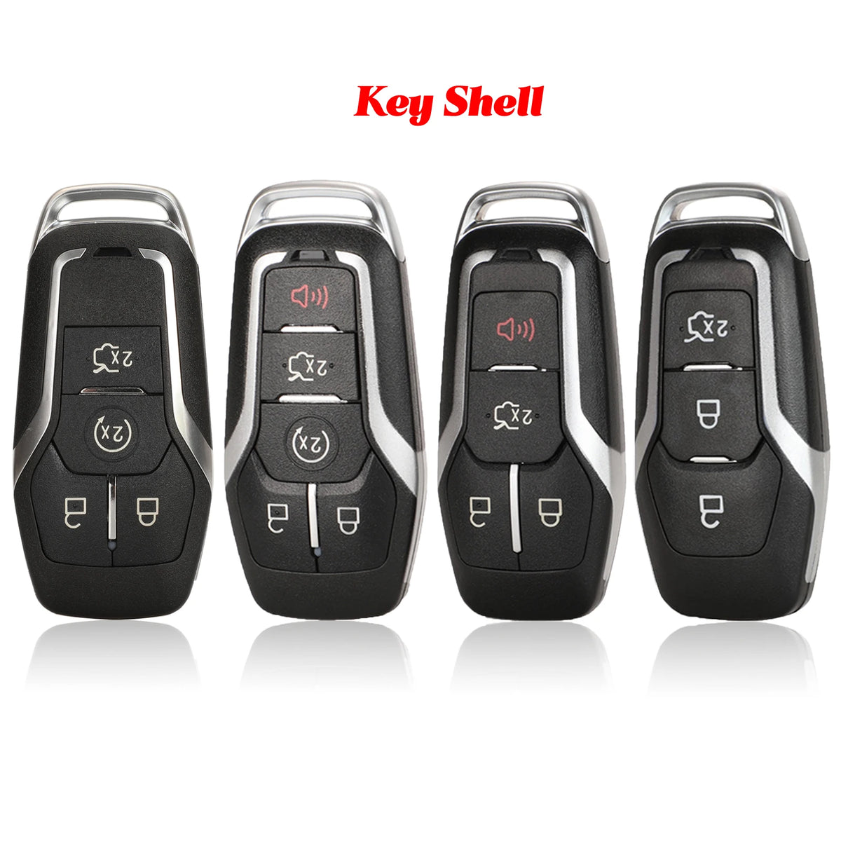 A set of black Ford Smart Key replacement shells with silver accents and uncut blades.