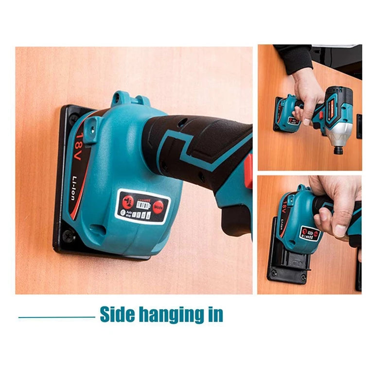 A green and black cordless drill or power tool is shown in various angles, including side hanging on a wooden surface.