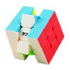 A close-up view of a colorful 3x3 speed cube puzzle with white, blue, and red pieces.