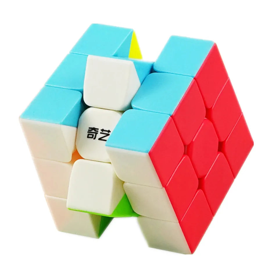 A close-up view of a colorful 3x3 speed cube puzzle with white, blue, and red pieces.