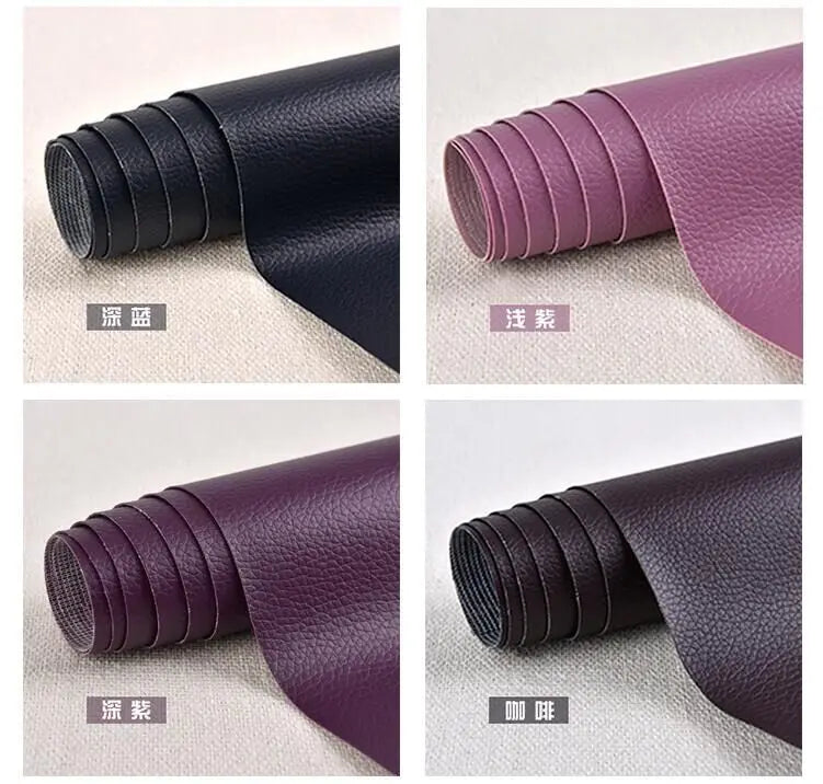 Four variations of self-adhesive PU leather patches in black, mauve, and plum colors showing rolled texture.