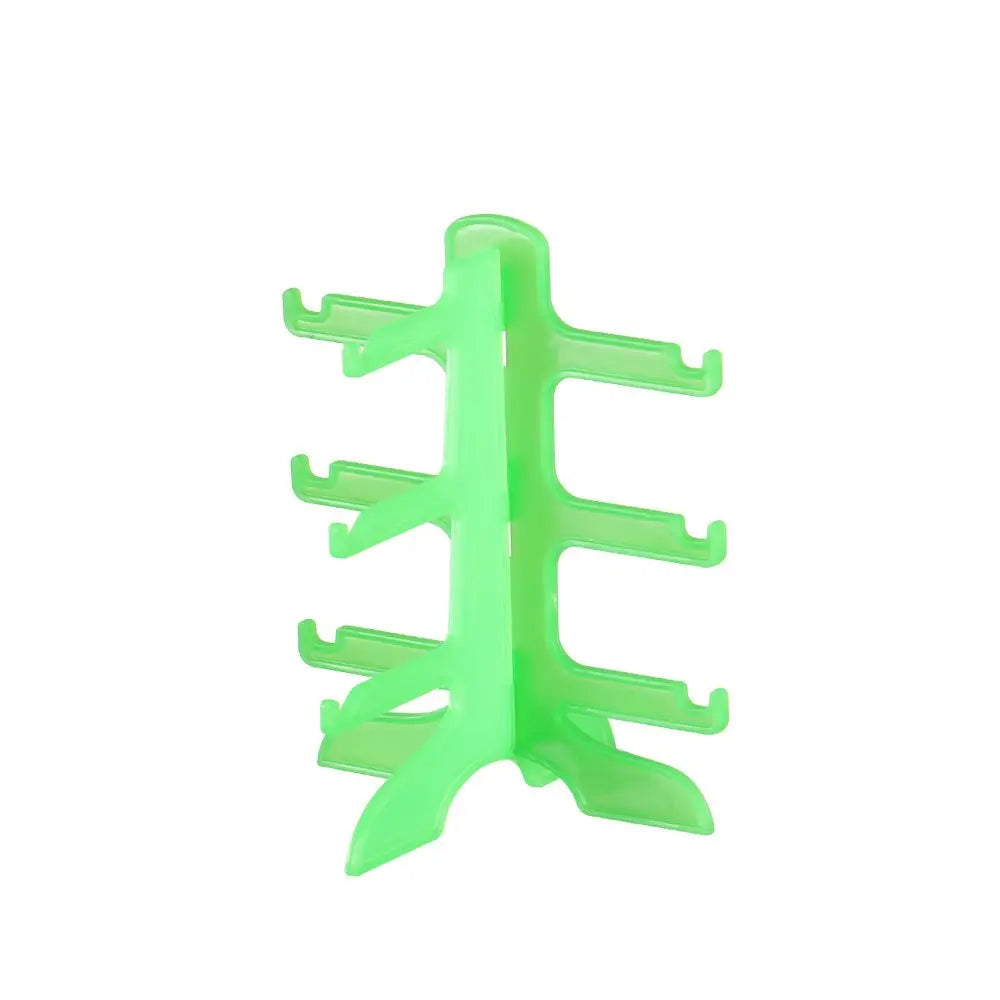 A bright green stackable display stand designed for holding sunglasses and reading glasses.