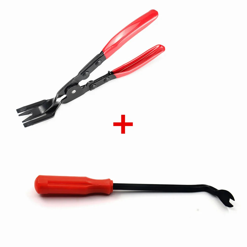 A pair of red trim clip removal pliers with black handles and jaws.