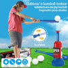 A child is using a blue baseball trainer set with a bat and balls outdoors.