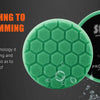 A green hexagonal foam polishing pad is shown with water droplets on a dark background.