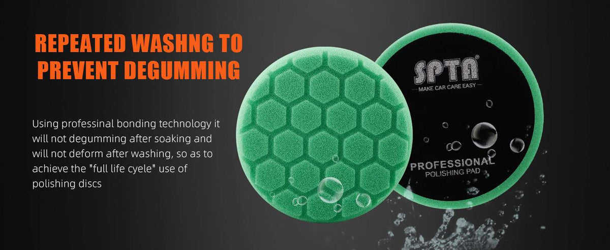 A green hexagonal foam polishing pad is shown with water droplets on a dark background.