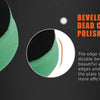 A close-up view of a green foam buffing pad with a beveled edge design for polishing.
