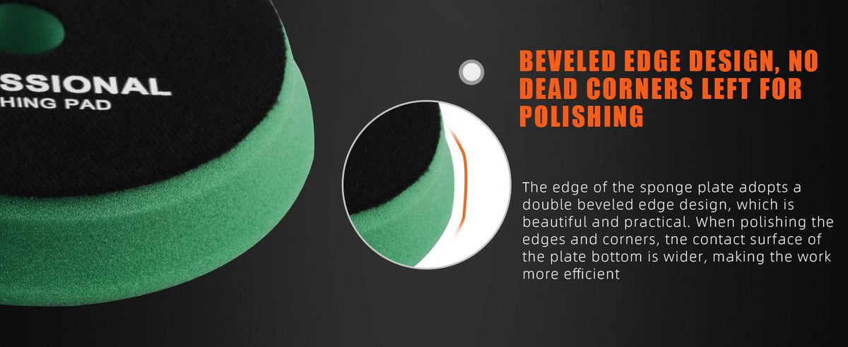 A close-up view of a green foam buffing pad with a beveled edge design for polishing.