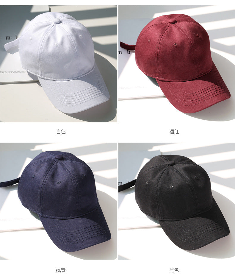 Four views of a classic cotton dad hat in white, maroon, navy blue, and black colors.
