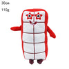 A red and white plush doll shaped like the number 1, with a smiling face and star eyes.
