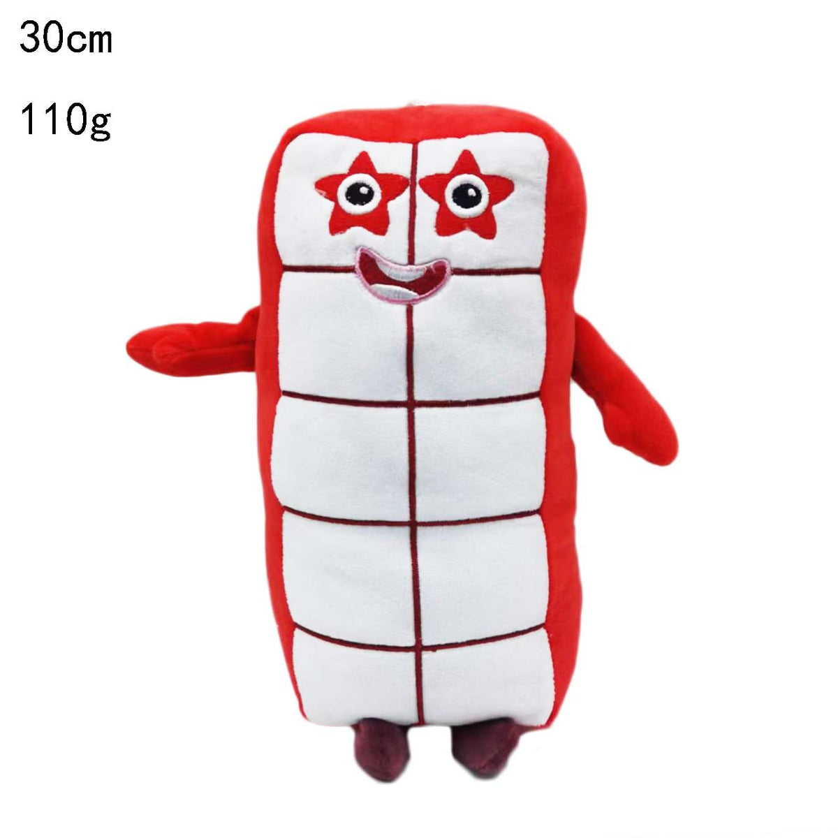 A red and white plush doll shaped like the number 1, with a smiling face and star eyes.