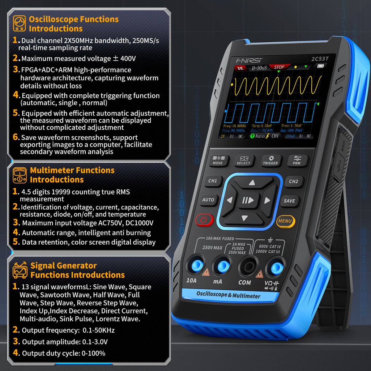 A blue F-NIRST 3-in-1 oscilloscope multimeter with various function buttons and display screen.