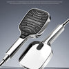 A silver handheld shower head is shown with various nozzles and a detachable shower wand, demonstrating its features.