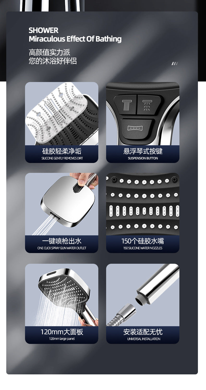 A collection of various shower heads and related accessories including a main shower head, a suspension button, and a 150-pie