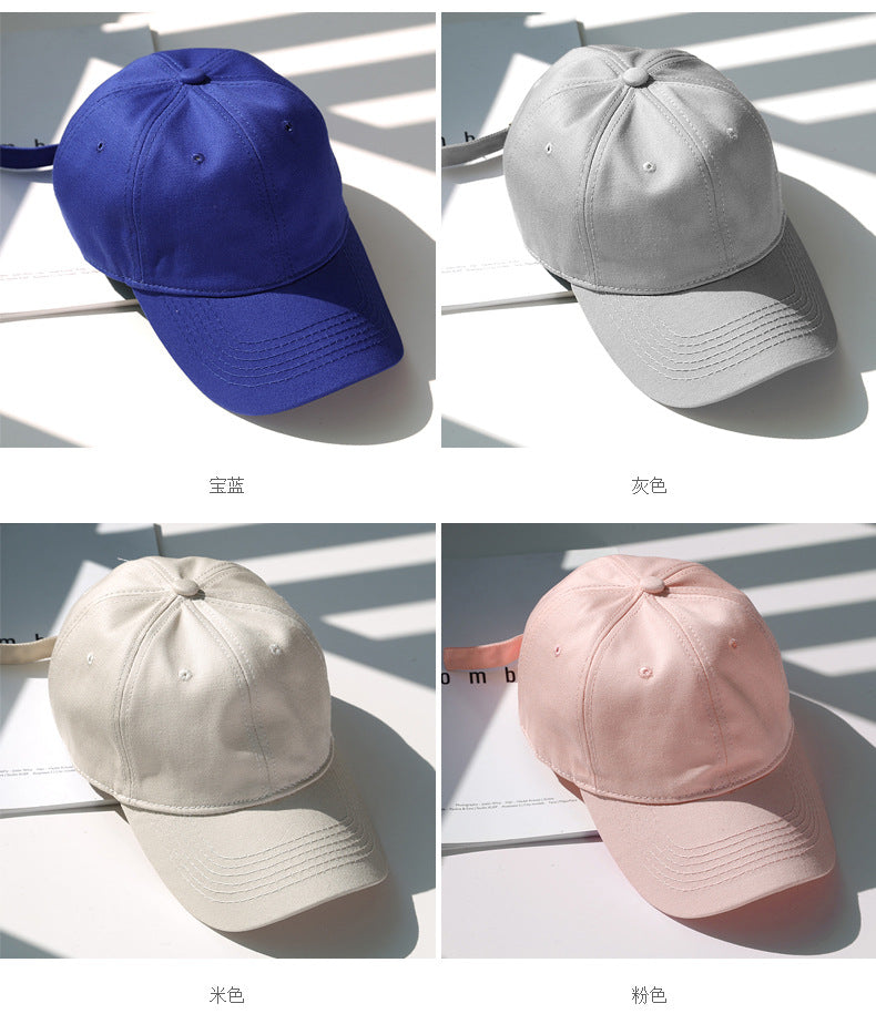 Four images showing a classic cotton dad hat in blue, gray, beige, and pink colors.
