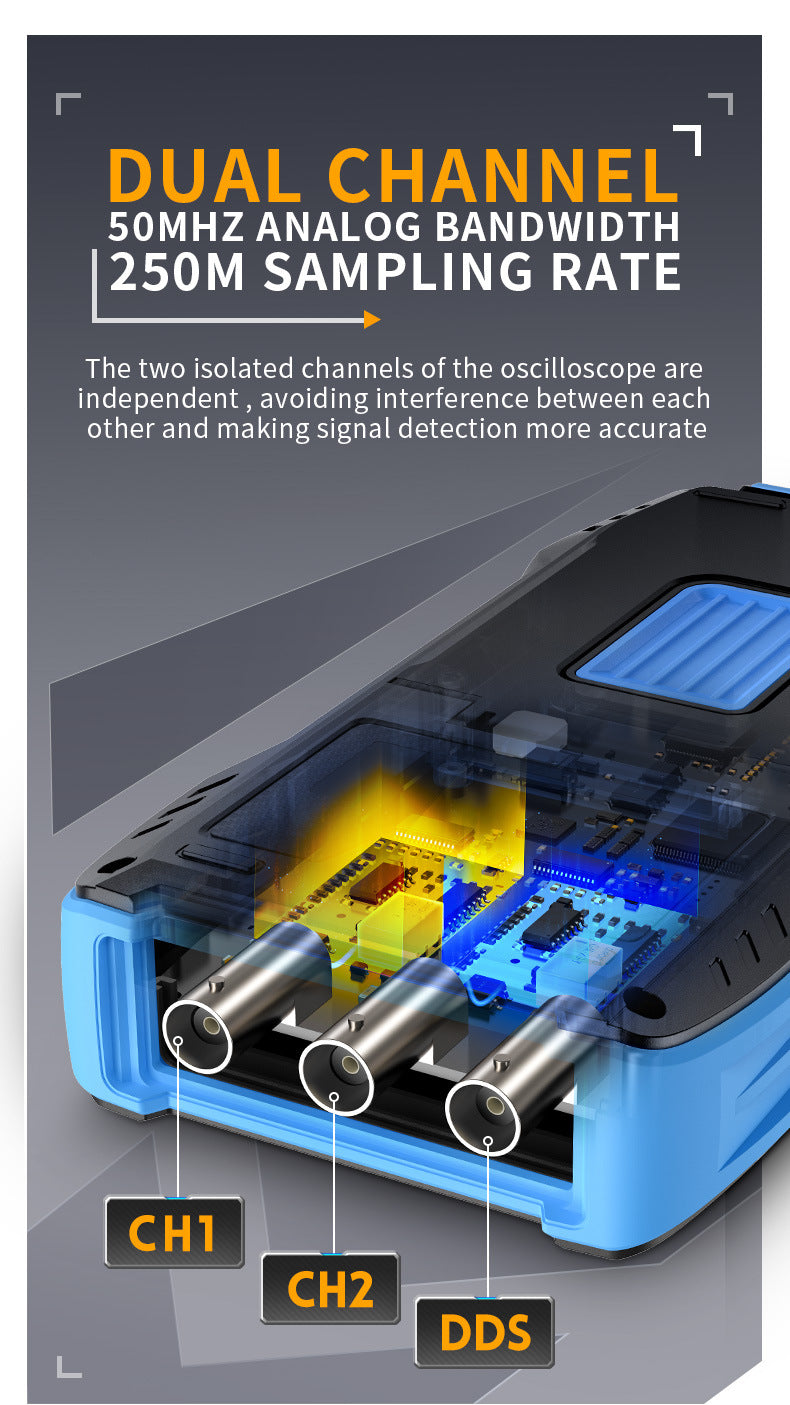 A close-up view of a dual channel oscilloscope with separate channels labeled CH1, CH2, and DDS.