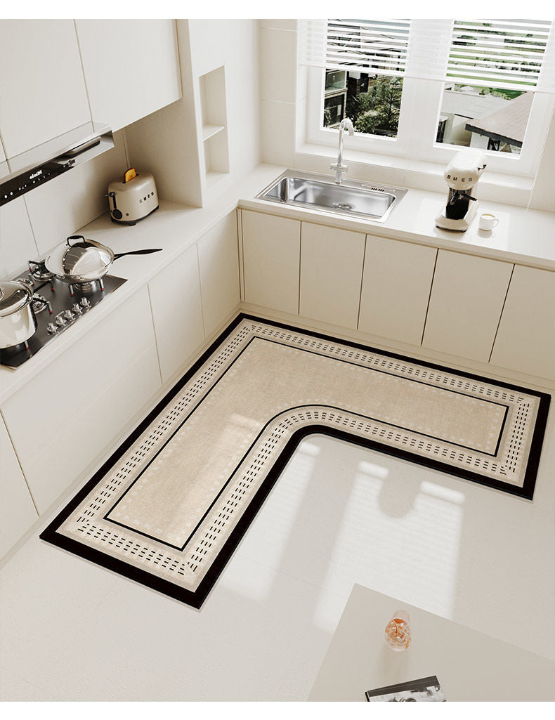 An L-shaped crystal velvet kitchen mat with a non-slip backing placed on a white countertop.
