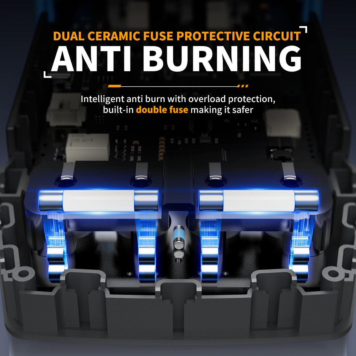 Close-up view of a circuit board featuring dual ceramic fuse protective circuit components for anti-burning safety.