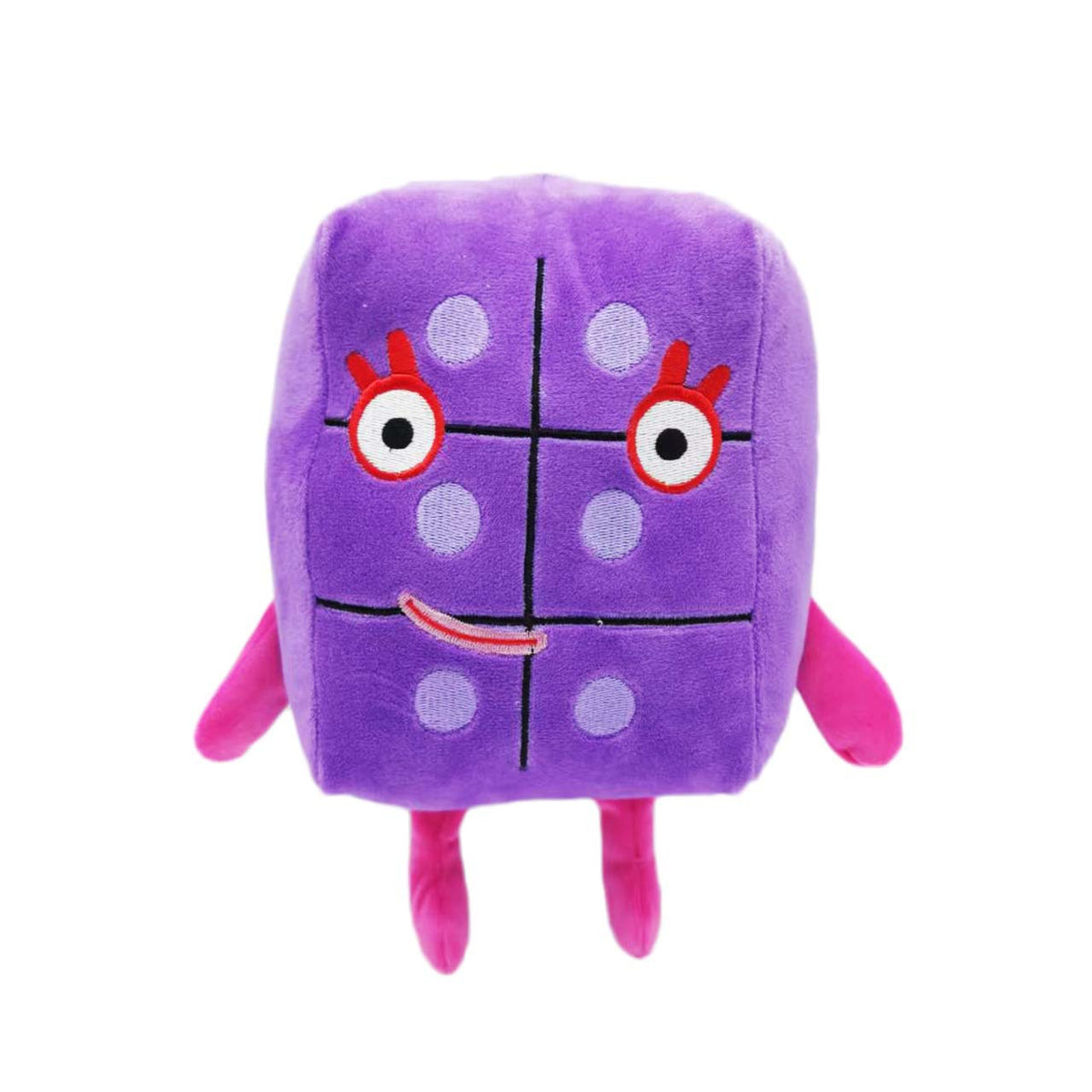 A purple plush doll shaped like the number 1, featuring black dots and pink ears.