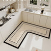 L-shaped crystal velvet kitchen mat with non-slip backing placed on a white kitchen counter.