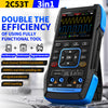 A blue and black 3-in-1 tool featuring an oscilloscope, multimeter, and signal generator functions.