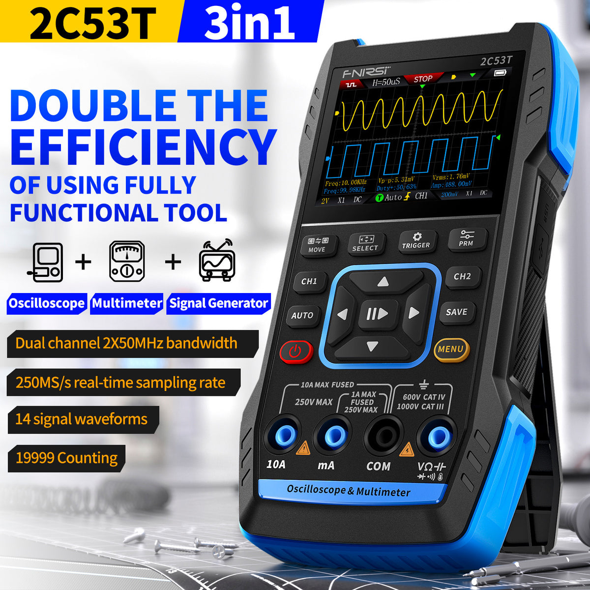 A blue and black 3-in-1 tool featuring an oscilloscope, multimeter, and signal generator functions.
