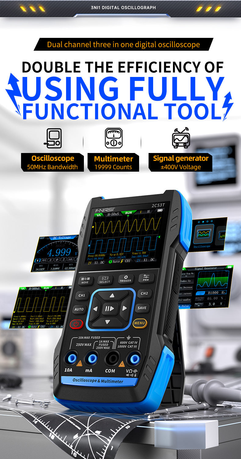 A black digital oscilloscope multimeter and signal generator device is displayed on a dark surface.