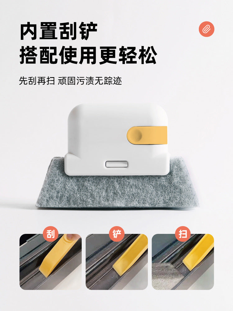 A white cleaning tool with a gold pad rests on a gray felt surface, shown alongside close-ups of the brush and pad.