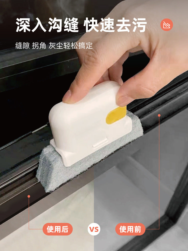 A hand is using a white cleaning brush to quickly clean window tracks, demonstrating the product's effectiveness.