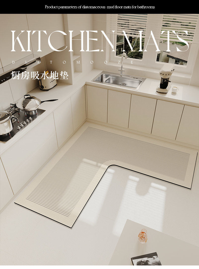 A long, rectangular kitchen mat with a ribbed texture is placed on a light-colored countertop in a modern kitchen setting.