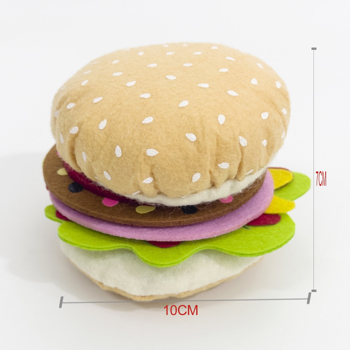 A felt burger and sandwich food play set with multiple layers of colored felt buns and fillings.