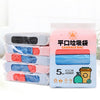 Pack of five pink garbage bags with blue and red accents featuring drawstring handles