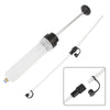 A manual fuel transfer and oil extractor syringe with a long white tube and a black plunger and nozzle.